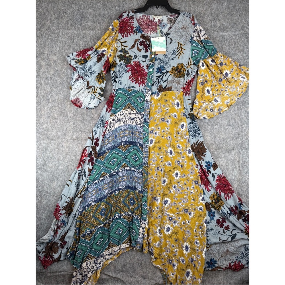 Umgee Shirt Dress Women's Small Multicolor Floral Bell Sleeve Button-Front Maxi